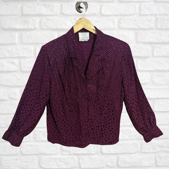 Vintage Silk Blouse Magenta Black Houndstooth Button Up 80s Retro Preppy Top 6 - Picture 3 of 10